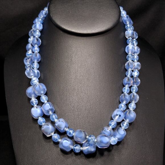 Vintage 1950s Blue Glass Beaded Necklace Double Strand Square Round Beads 18" - Picture 2 of 10